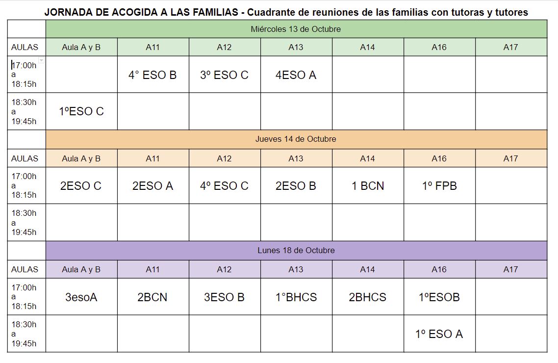 Cuadrante de acogida a las familias